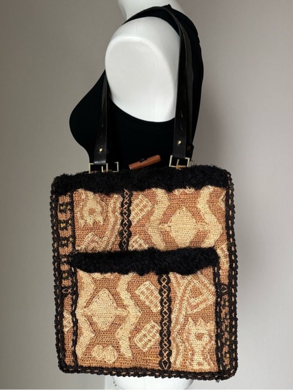Jamin Puech Shoowa Shoulder Bag Purse Woven Raffia Black Leather Straps Y2K Boho